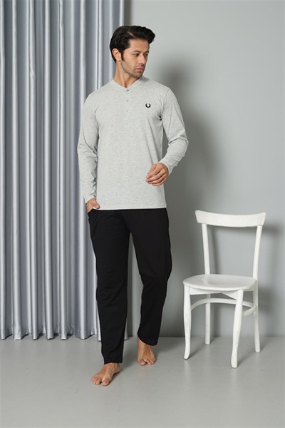 Moda Çizgi Erkek Uzun Kol Penye Gri Pijama Takım 6841 - Thumbnail