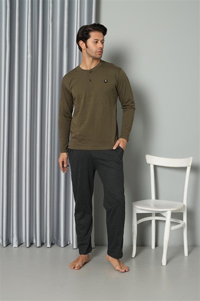 Moda Çizgi - Moda Çizgi Erkek Uzun Kol Penye Haki Pijama Takım 6841