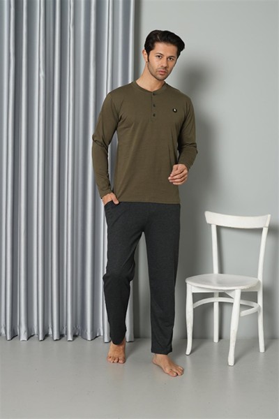 Moda Çizgi Erkek Uzun Kol Penye Haki Pijama Takım 6841 - Thumbnail