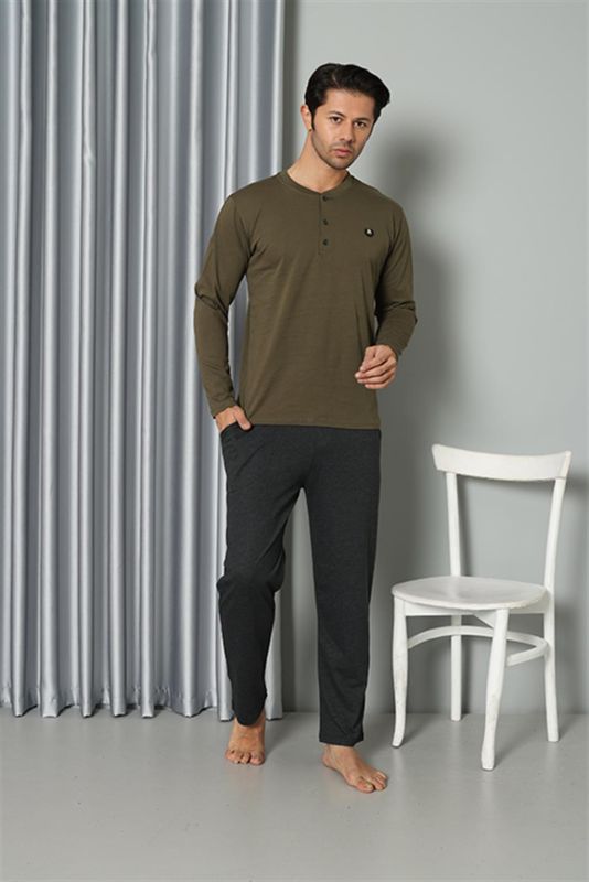 Moda Çizgi Erkek Uzun Kol Penye Haki Pijama Takım 6841 - 2