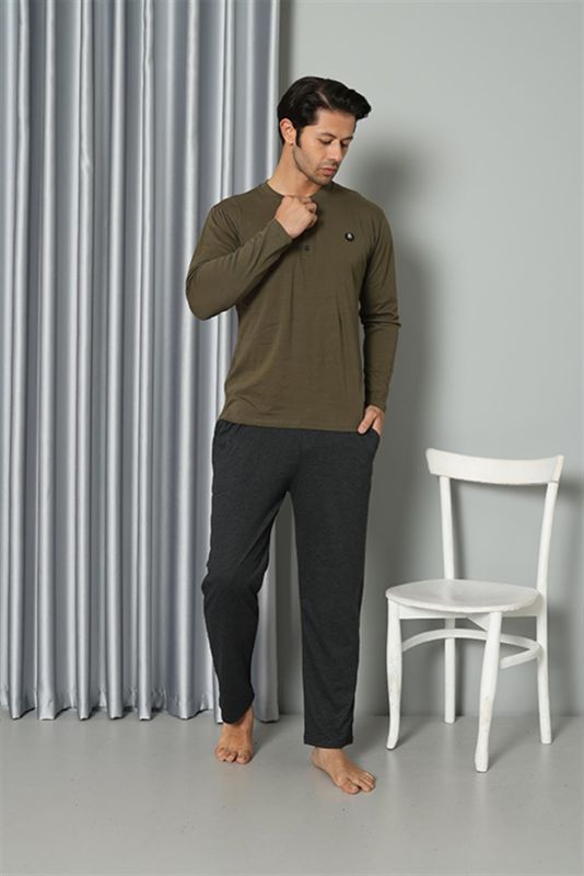Moda Çizgi Erkek Uzun Kol Penye Haki Pijama Takım 6841 - 3