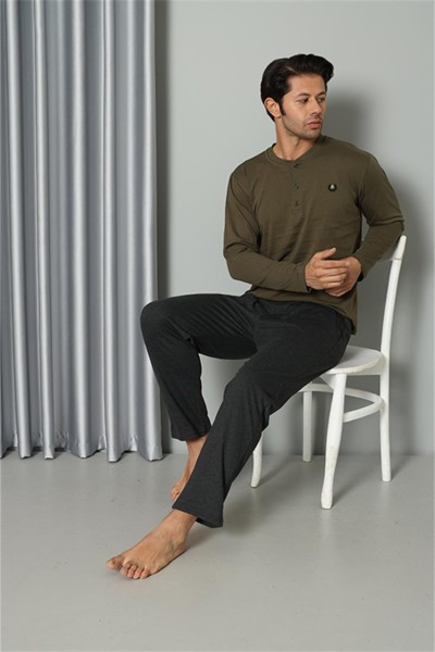 Moda Çizgi Erkek Uzun Kol Penye Haki Pijama Takım 6841 - Thumbnail
