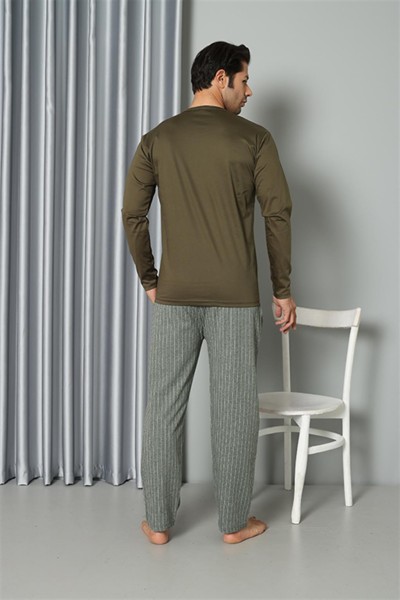 Moda Çizgi Erkek Uzun Kol Penye Haki Pijama Takım 6842 - Thumbnail