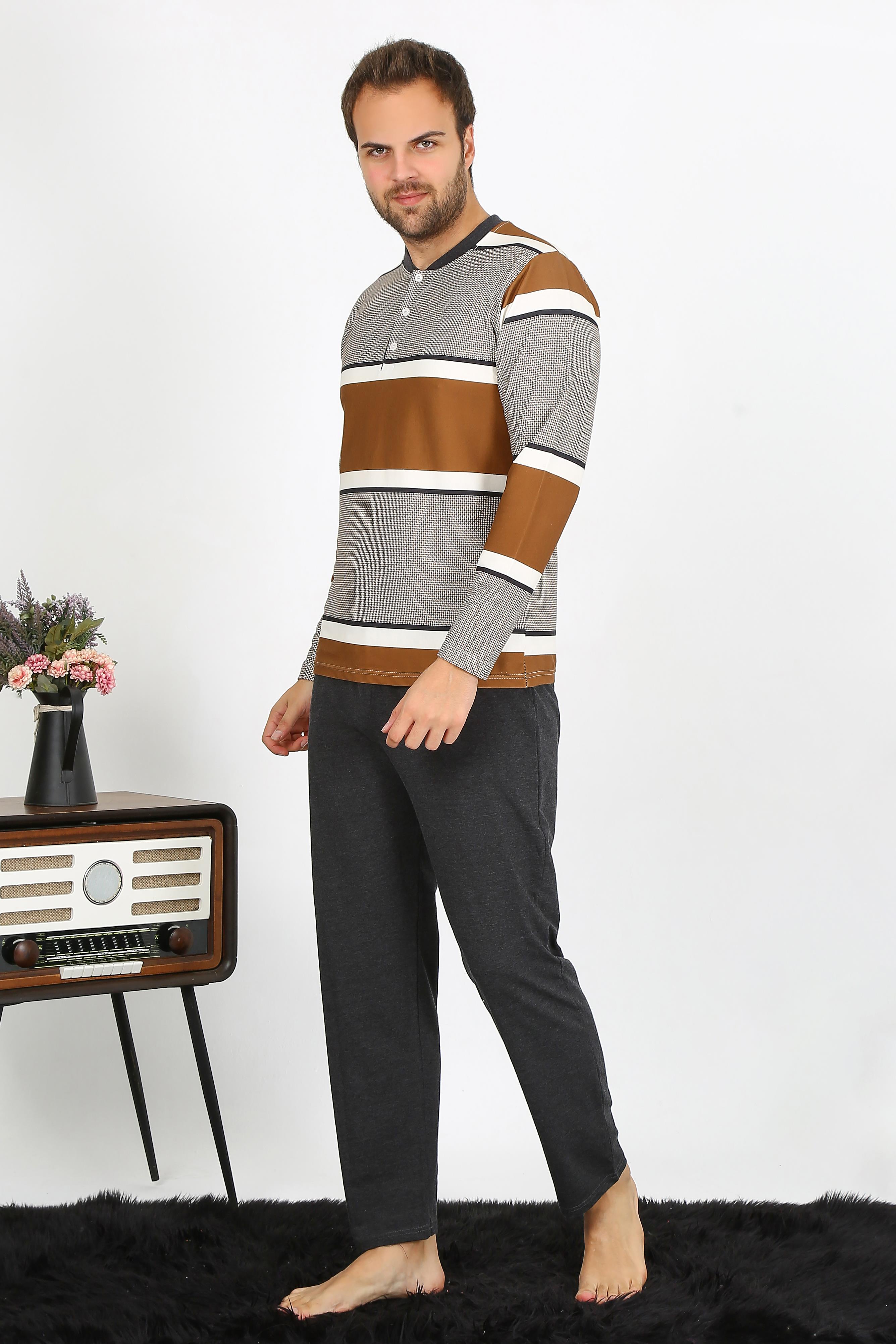 Moda Çizgi Erkek Uzun Kol Penye Pijama Takım 6845 - 5XL | Sütlü Kahve
