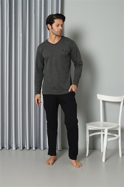 Moda Çizgi - Moda Çizgi Erkek Uzun Kol V Yaka Penye Antrasit Pijama Takım 6843