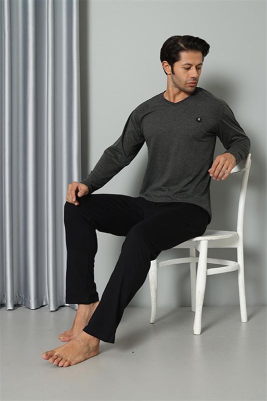Moda Çizgi Erkek Uzun Kol V Yaka Penye Antrasit Pijama Takım 6843 - 4