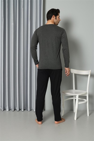Moda Çizgi Erkek Uzun Kol V Yaka Penye Antrasit Pijama Takım 6843 - Thumbnail