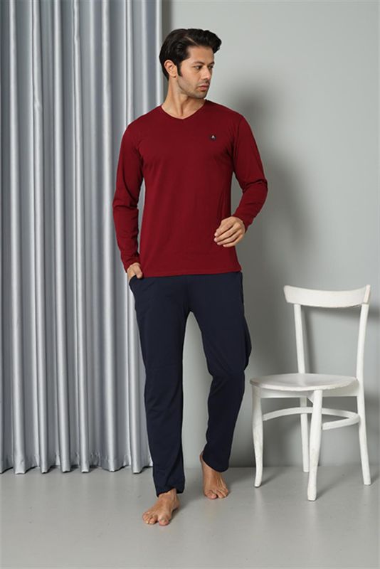 Moda Çizgi Erkek Uzun Kol V Yaka Penye Bordo Pijama Takım 6843 - 1