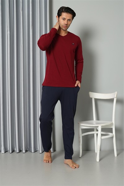 Moda Çizgi Erkek Uzun Kol V Yaka Penye Bordo Pijama Takım 6843 - Thumbnail