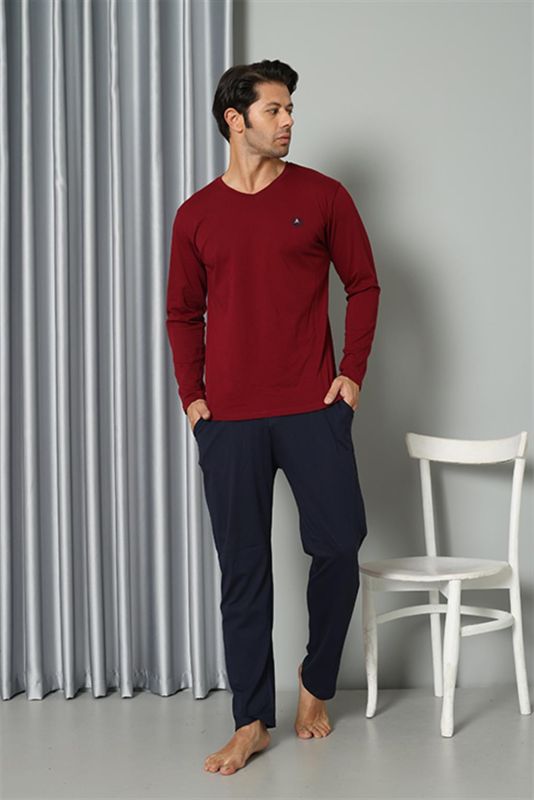 Moda Çizgi Erkek Uzun Kol V Yaka Penye Bordo Pijama Takım 6843 - 3