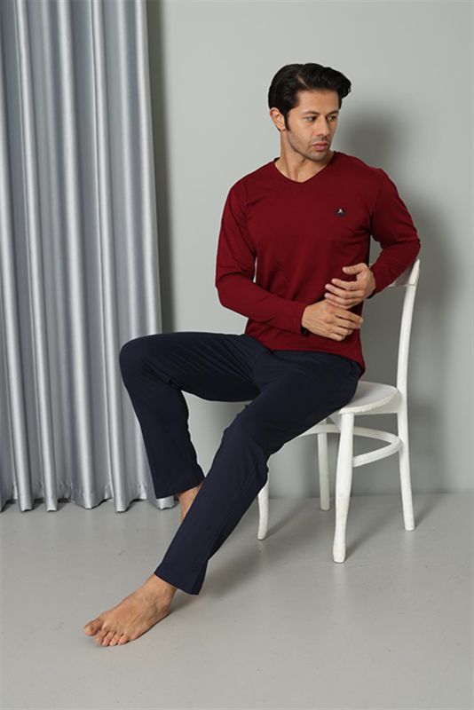 Moda Çizgi Erkek Uzun Kol V Yaka Penye Bordo Pijama Takım 6843 - 4