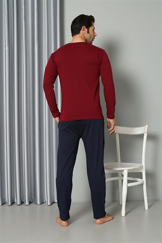 Moda Çizgi Erkek Uzun Kol V Yaka Penye Bordo Pijama Takım 6843 - 5