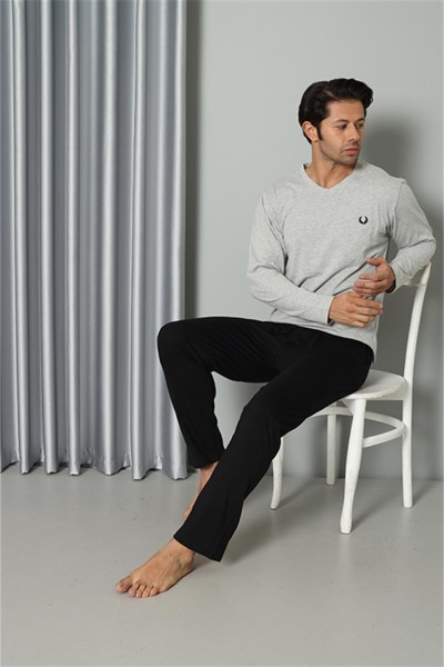 Moda Çizgi Erkek Uzun Kol V Yaka Penye Gri Pijama Takım 6843 - Thumbnail