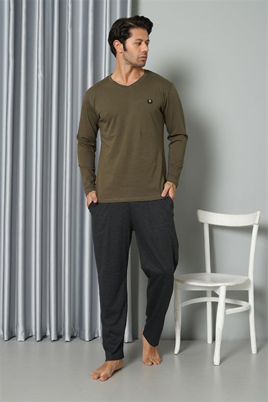 Moda Çizgi Erkek Uzun Kol V Yaka Penye Haki Pijama Takım 6843 - 1