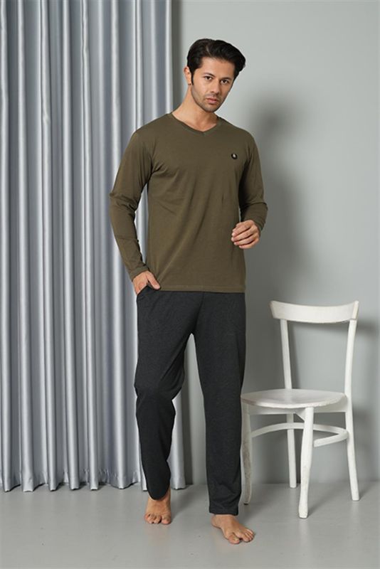 Moda Çizgi Erkek Uzun Kol V Yaka Penye Haki Pijama Takım 6843 - 3