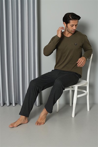 Moda Çizgi Erkek Uzun Kol V Yaka Penye Haki Pijama Takım 6843 - Thumbnail