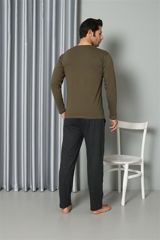 Moda Çizgi Erkek Uzun Kol V Yaka Penye Haki Pijama Takım 6843 - 5