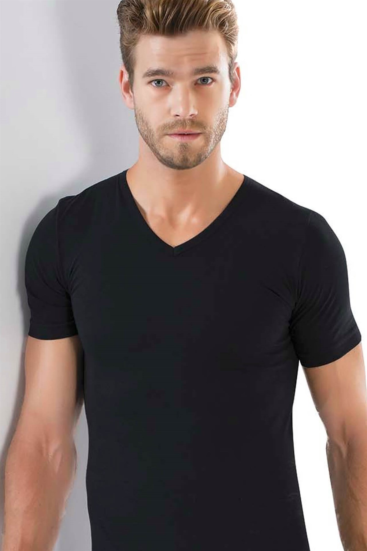 Moda Çizgi Erkek V Yaka Likralı Tshirt  6570 - 2XL | Siyah