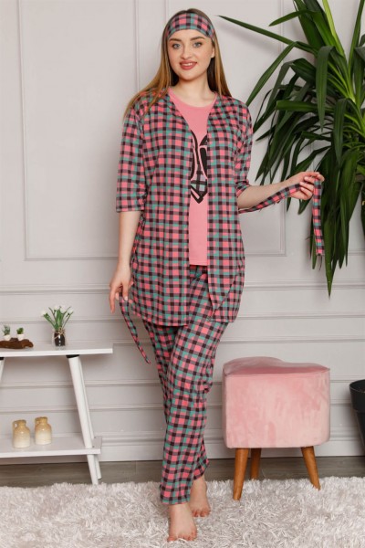 Moda Çizgi - Moda Çizgi Kadın %100 Pamuk 3'lü Sabahlık Pijama Takım 1117