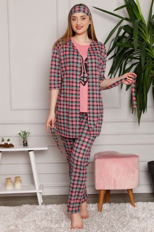 Moda Çizgi Kadın %100 Pamuk 3'lü Sabahlık Pijama Takım 1117 - 1