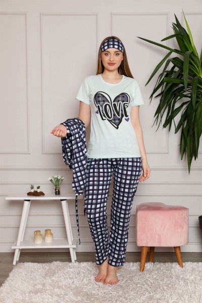 Moda Çizgi Kadın %100 Pamuk 3'lü Sabahlık Pijama Takım 1118 - Thumbnail