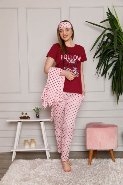 Moda Çizgi Kadın %100 Pamuk 3'lü Sabahlık Pijama Takım 1119 - Thumbnail