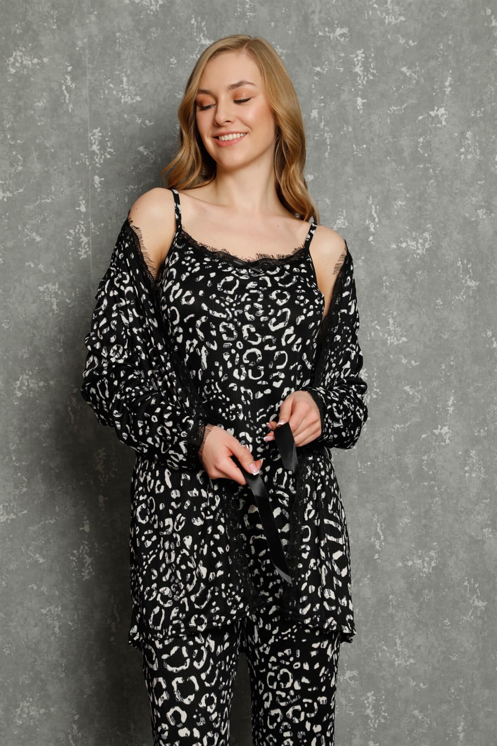 Moda Çizgi Kadın %100 Pamuk 3'lü Sabahlık Pijama Takım 16101 - S | Siyah