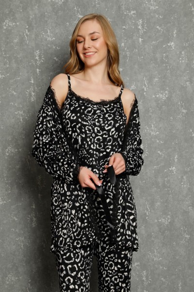 Moda Çizgi Kadın %100 Pamuk 3'lü Sabahlık Pijama Takım 16101 - Thumbnail