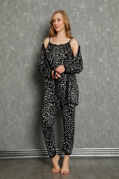 Moda Çizgi Kadın %100 Pamuk 3'lü Sabahlık Pijama Takım 16101 - Thumbnail