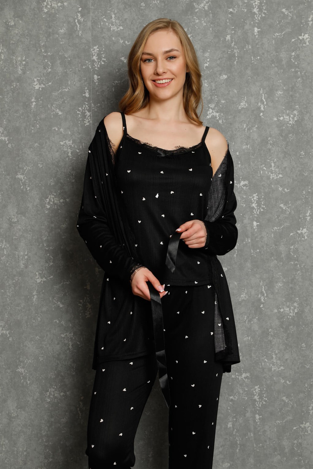 Moda Çizgi Kadın %100 Pamuk 3'lü Sabahlık Pijama Takım 16103 - L | Siyah