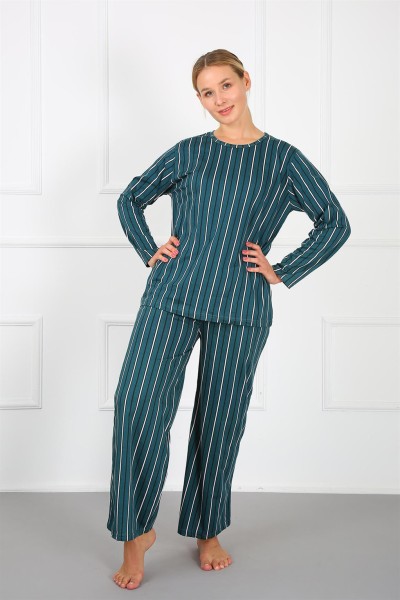 Moda Çizgi Kadın %100 Pamuk Büyük Beden Pijama Takım 202168 - Thumbnail