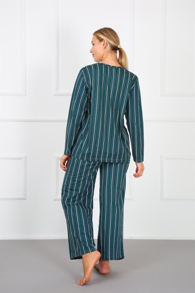 Moda Çizgi Kadın %100 Pamuk Büyük Beden Pijama Takım 202168 - Thumbnail