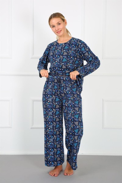 Moda Çizgi Kadın %100 Pamuk Büyük Beden Pijama Takım 202172 - Thumbnail
