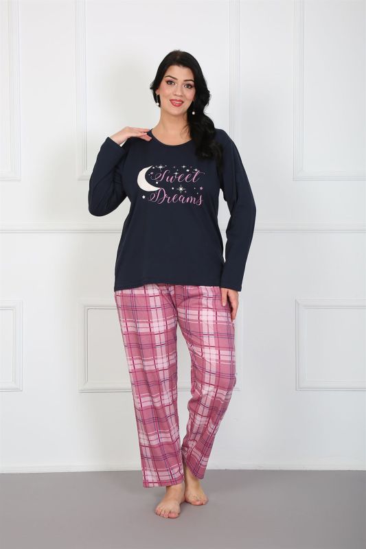 Moda Çizgi Kadın %100 Pamuk Büyük Beden Pijama Takım 202175 - 2
