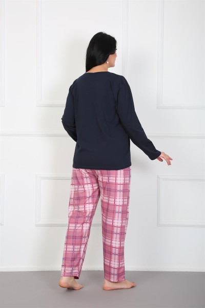 Moda Çizgi Kadın %100 Pamuk Büyük Beden Pijama Takım 202175 - Thumbnail