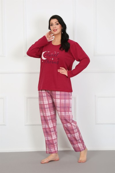Moda Çizgi Kadın %100 Pamuk Büyük Beden Pijama Takım 202177 - Thumbnail