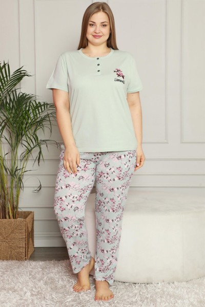 Moda Çizgi - Moda Çizgi Kadın %100 Pamuk Cepli Kısa Kol Büyük Beden Pijama Takım 202071