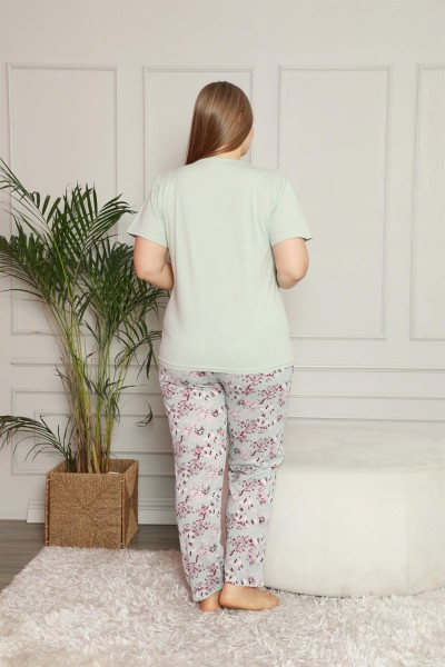 Moda Çizgi Kadın %100 Pamuk Cepli Kısa Kol Büyük Beden Pijama Takım 202071 - Thumbnail