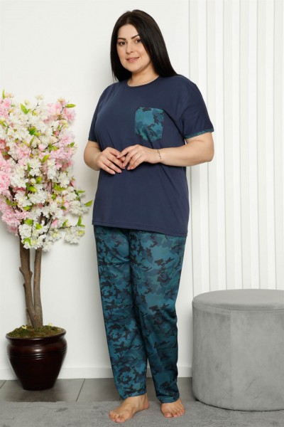 Moda Çizgi Kadın %100 Pamuk Cepli Kısa Kol Büyük Beden Pijama Takım 202106 - Thumbnail