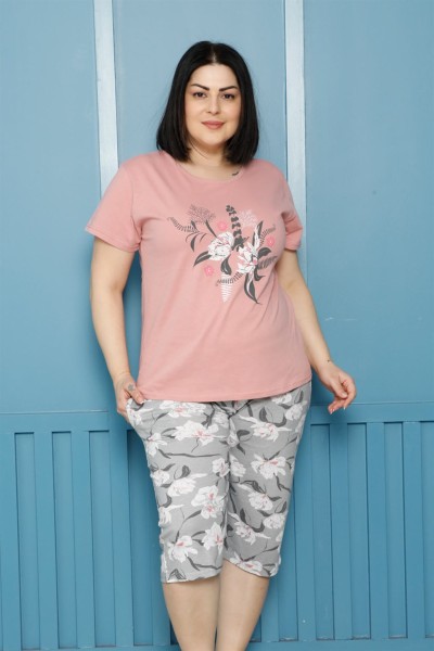 Moda Çizgi - Moda Çizgi Kadın %100 Pamuk Kapri Büyük Beden Pijama Takım 202161
