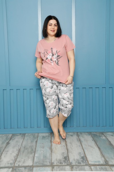 Moda Çizgi Kadın %100 Pamuk Kapri Büyük Beden Pijama Takım 202161 - Thumbnail