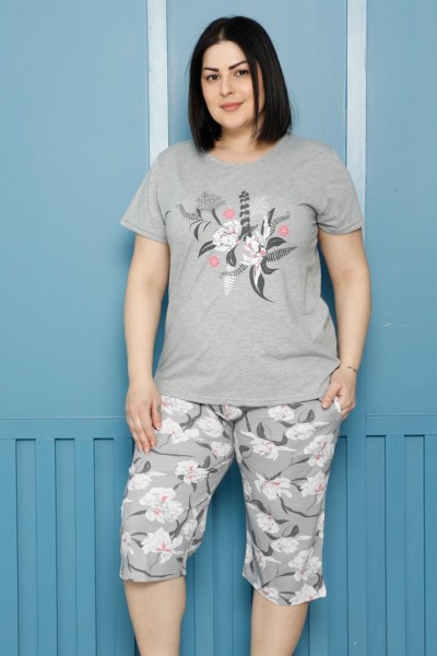 Moda Çizgi Kadın %100 Pamuk Kapri Büyük Beden Pijama Takım 202162 - Thumbnail
