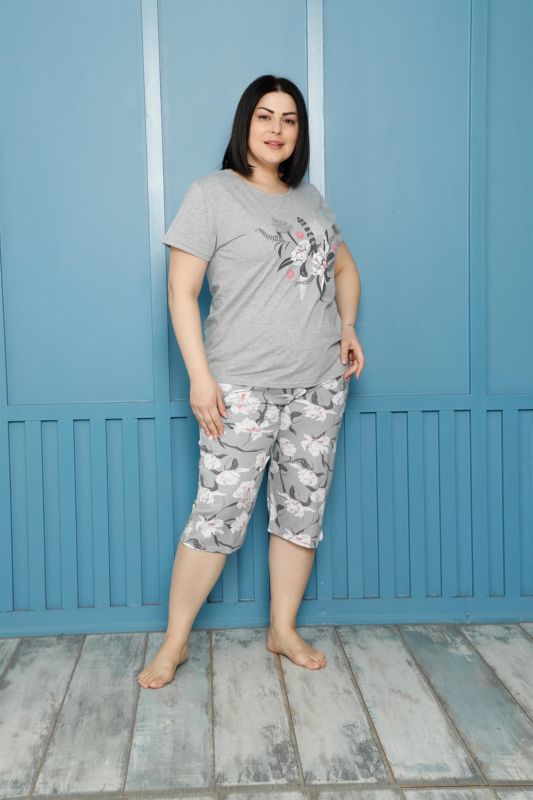 Moda Çizgi Kadın %100 Pamuk Kapri Büyük Beden Pijama Takım 202162 - 2