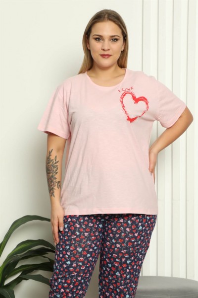 Moda Çizgi - Moda Çizgi Kadın %100 Pamuk Kısa Kol Büyük Beden Pijama Takım 202143