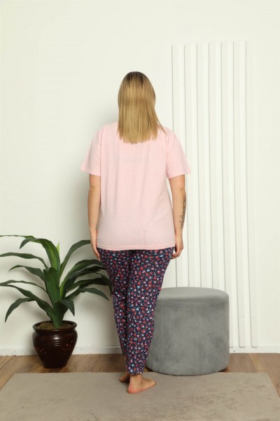 Moda Çizgi Kadın %100 Pamuk Kısa Kol Büyük Beden Pijama Takım 202143 - Thumbnail