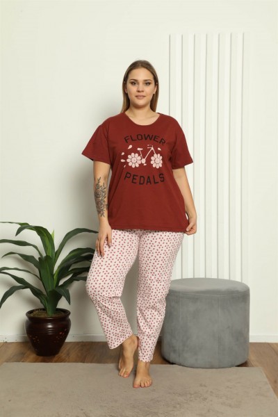 Moda Çizgi Kadın %100 Pamuk Kısa Kol Büyük Beden Pijama Takım 202147 - Thumbnail