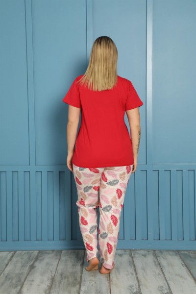 Moda Çizgi Kadın %100 Pamuk Kısa Kol Büyük Beden Pijama Takım 202153 - Thumbnail