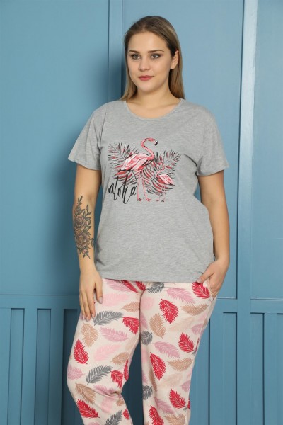 Moda Çizgi Kadın %100 Pamuk Kısa Kol Büyük Beden Pijama Takım 202154 - Thumbnail