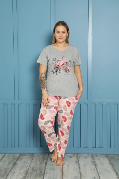 Moda Çizgi Kadın %100 Pamuk Kısa Kol Büyük Beden Pijama Takım 202154 - Thumbnail