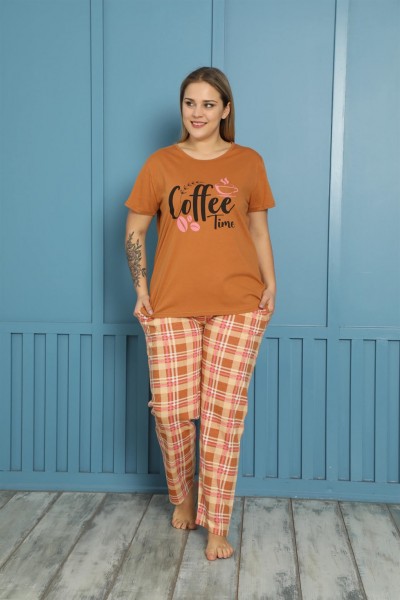 Moda Çizgi Kadın %100 Pamuk Kısa Kol Büyük Beden Pijama Takım 202155 - Thumbnail